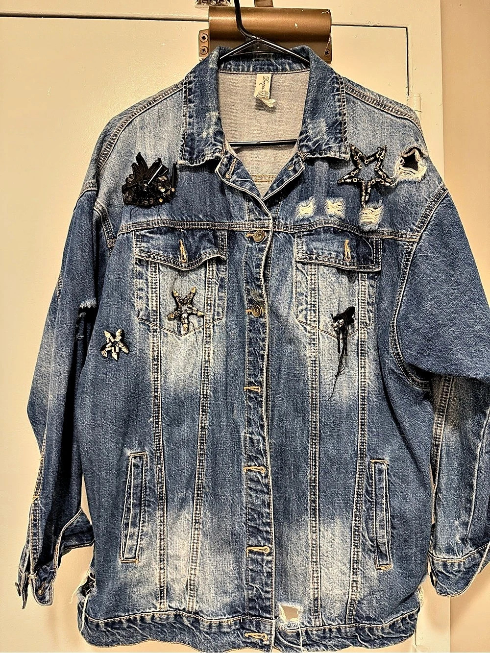 Distressed Embellished Denim Jacket in Blue